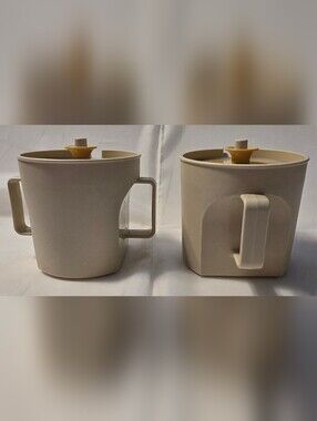 Vintage Tupperware Cream & Sugar Set Beige Tan Plastic w Lids Made In USA